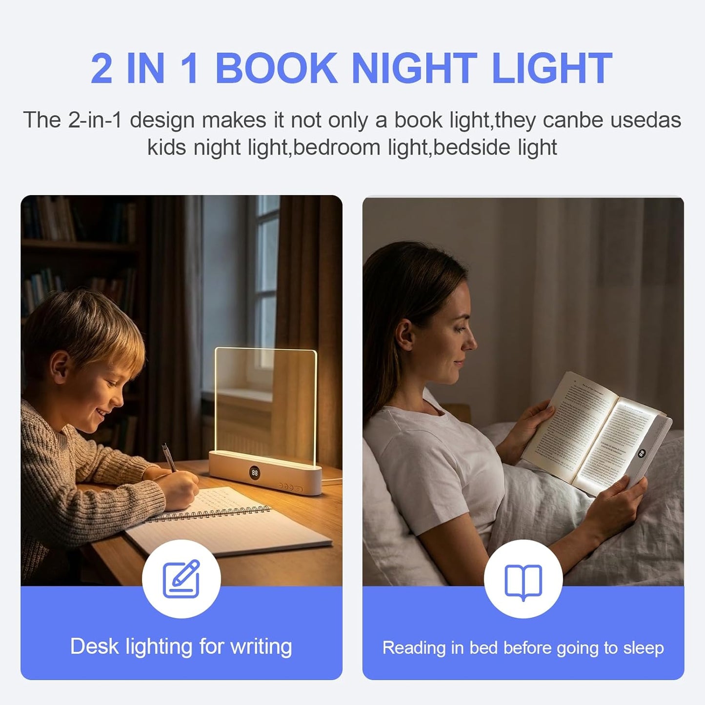 QCQHDU Smart Led Reading Light, Book Lights for Reading at Night, Rechargeable Clear Flat Reading Lights with 3 Colors & Timer, Eye-Friendly Glow, Transparent Doodleable (White)
