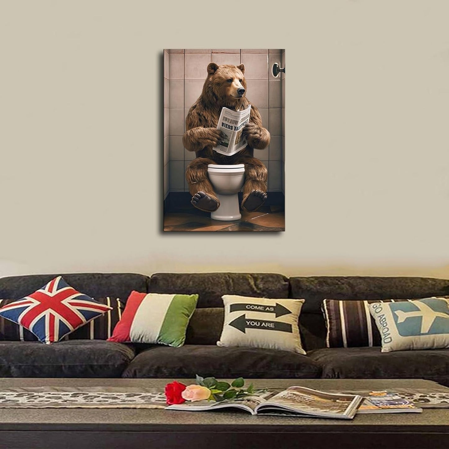 chenmjj Bear Sitting on Toilet and Reading Newspaper Print Poster Picture HD Print Poster Retro Painted Modern Home Bedroom Room Aesthetic Decoration Canvas Art (12x18inch Unframed)