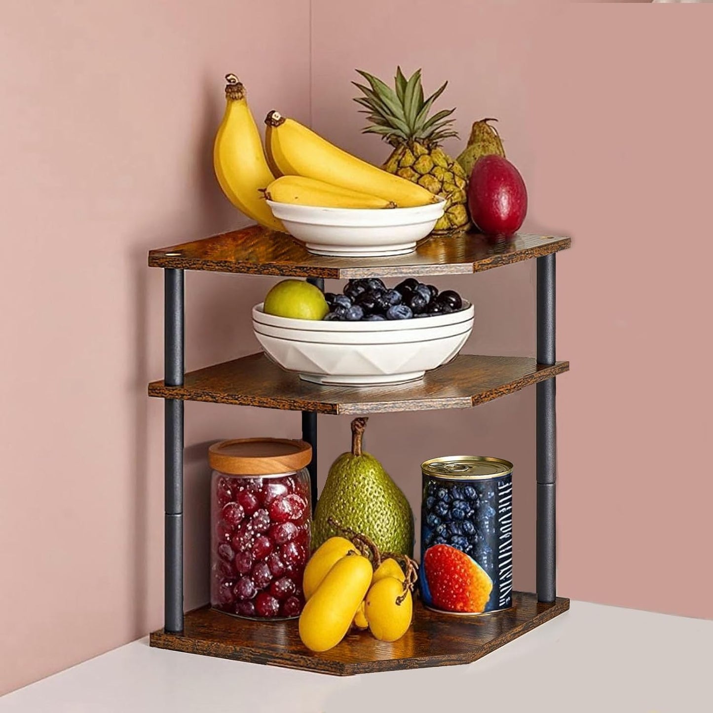 3-Tier Wood Corner Shelf, Cabinet Plate Dish Pantry Organizer Table Shelves Countertop Bookshelf Decor for Kitchen Bathroom Bedroom Home Set of 2