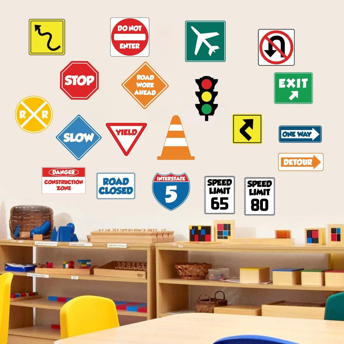 IARTTOP Road Signs Wall Decal Traffic Sign Wall Stickers Stop Street Transportation Signs Vinyl Decals for Kids Bedroom Playroom Decor Road Sign Sticker for Nursery Decoration