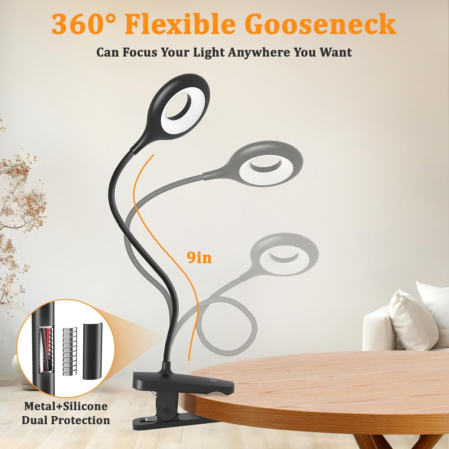 Clip on Light Rechargeable with Large Clamp, Battery Operated Bed Headboard Reading Lamp - 5 Colors 5 Brightness, Flexible Arm Book Light at Night for Kids Desk Bunk Metal Bed Frame (Black)