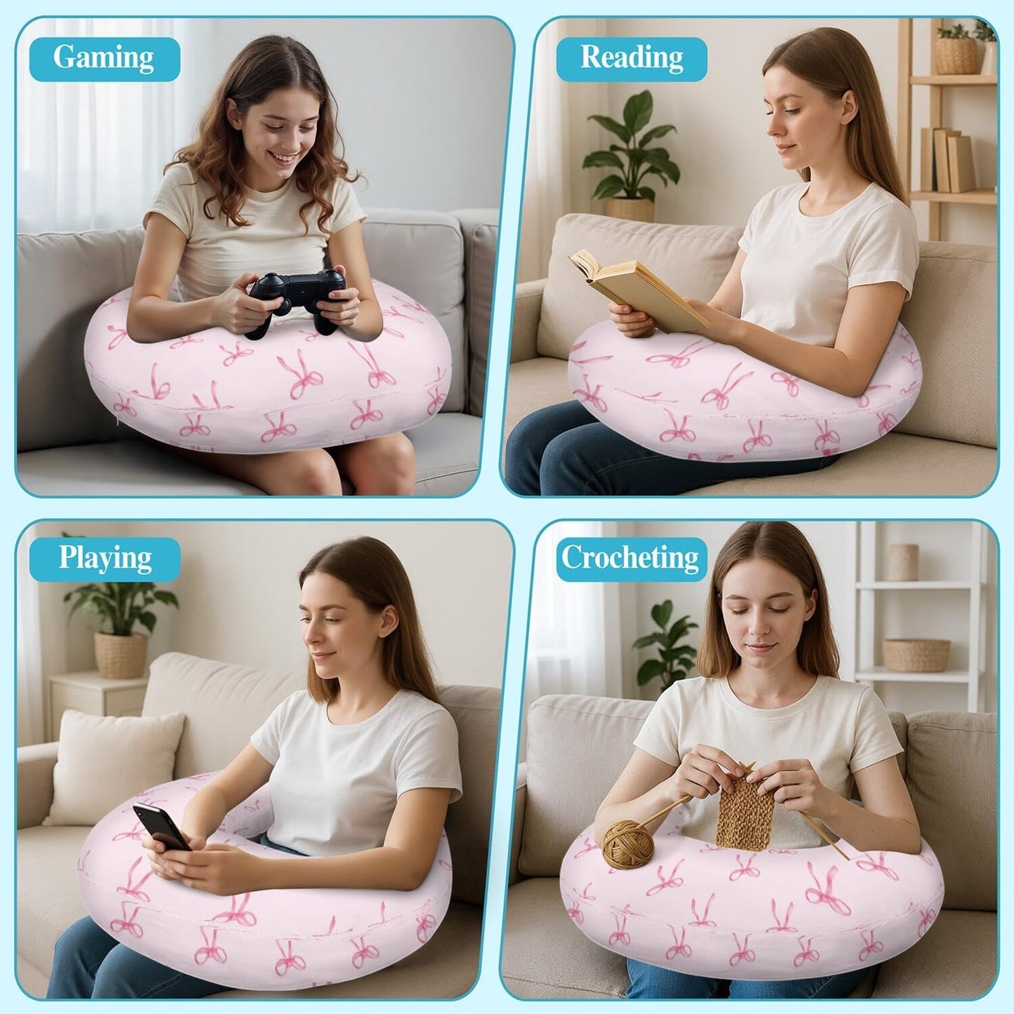 Crafting Pillow for Crocheting, Crochet Pillow for Lap Support, 12 Fun Print Styles, Ergonomic Arm Support, For Bed, Floor, Chair Comfort, Pain Relief and Fatigue for Gaming and Woking (Bow Tie)