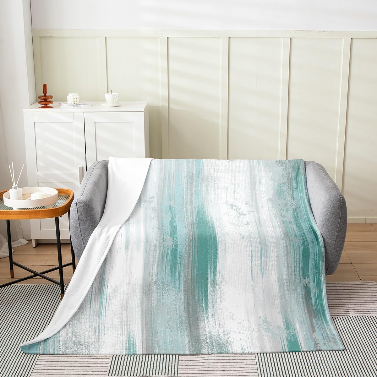 Feelyou Abstract Plush Throw Blanket Modern Abstract Art Flannel Blanket Twin 60"x80" Turquoise Gray White All Season Turquoise for Couch Bed Sofa Bedroom Decor
