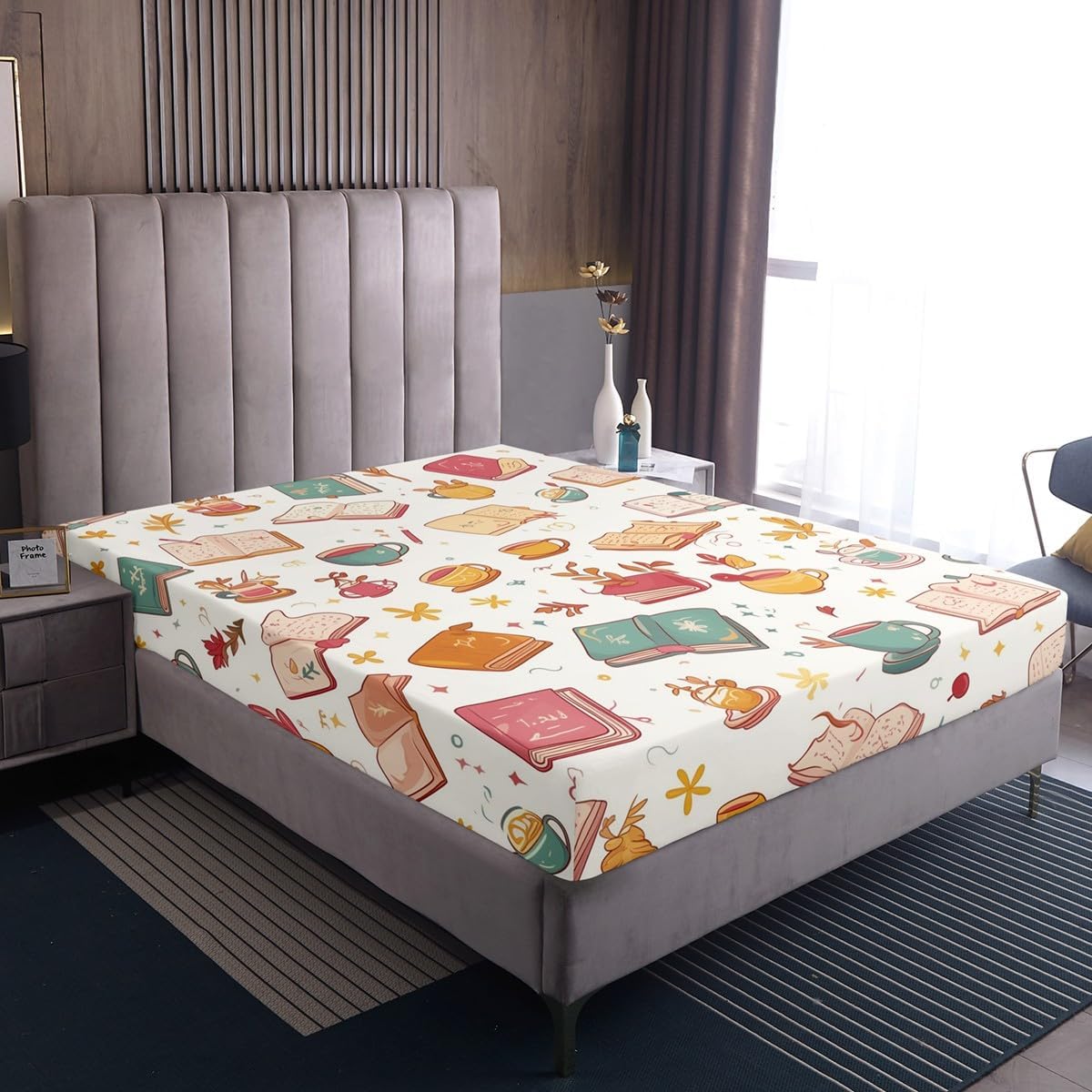 Erosebridal Cartoon Books Bed Sheets Set Coffee Botanical Maple Leaf Sheet Set Twin Autumn Reading Themed Sheets for Kids Boys Girls Teens Bedroom Decor