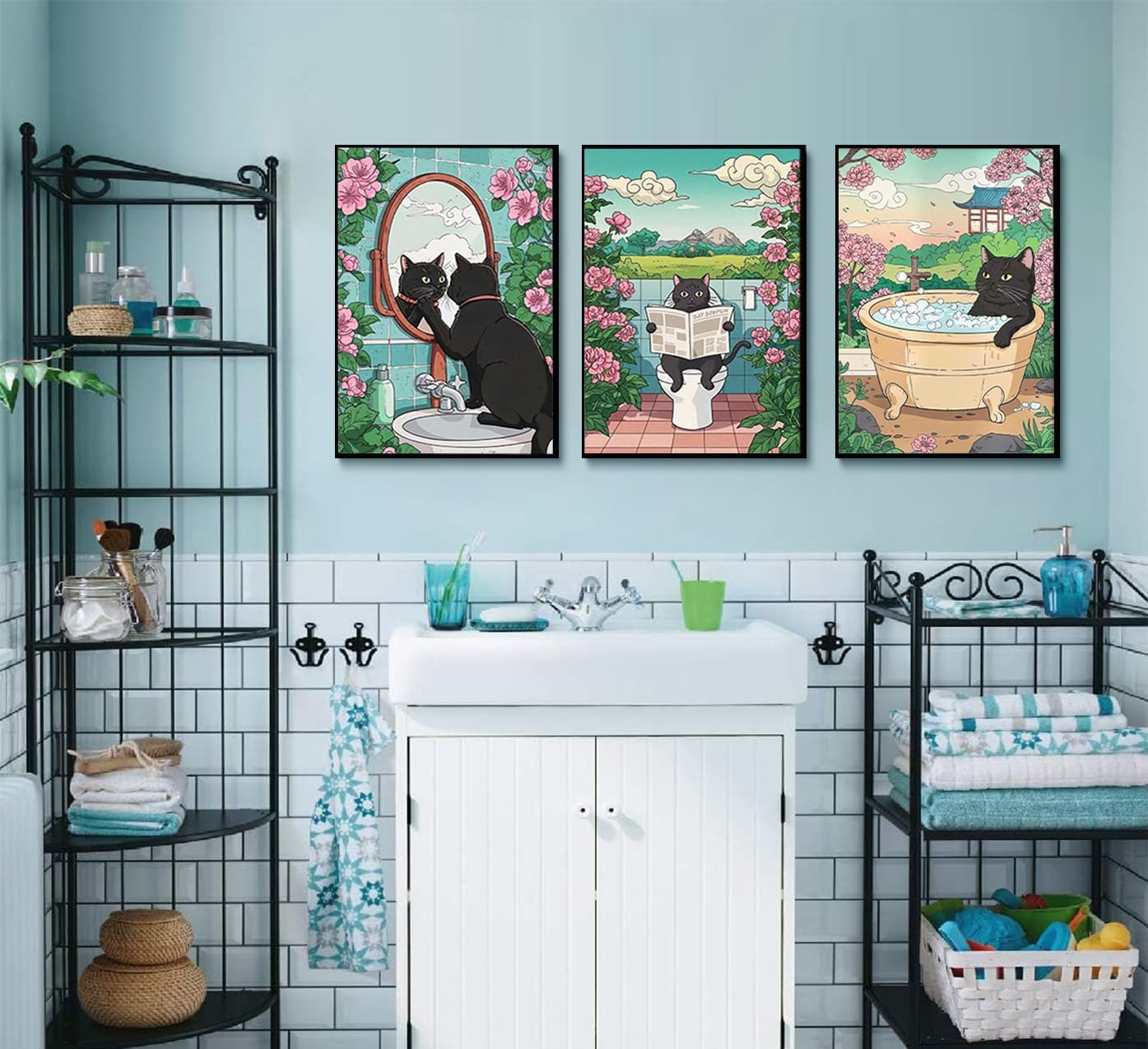 3pcs Funny Bathroom Black Cat Canvas Wall Art Cute Kitten On Toilet Posters Prints Vintage Japanese Cat In A Bathtub And Flowers Pictures Wall Decor for Washroom Bathroom Decoration Unframed