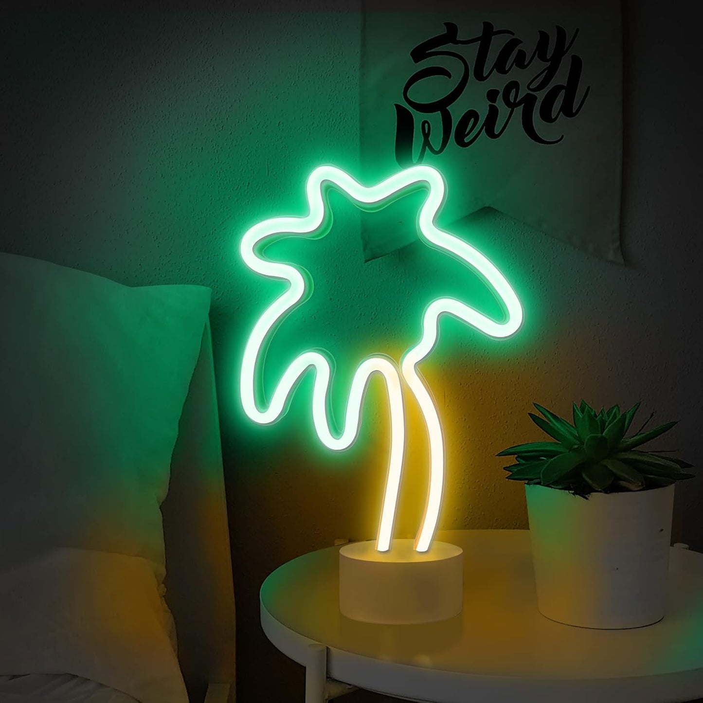 Lumoonosity Palm Tree Lights - Green & Yellow Palm Tree Neon Sign for Bedroom, Game Room - Battery/USB Powered Coconut Trees Neon Light with Stand for Desktop & Tabletop