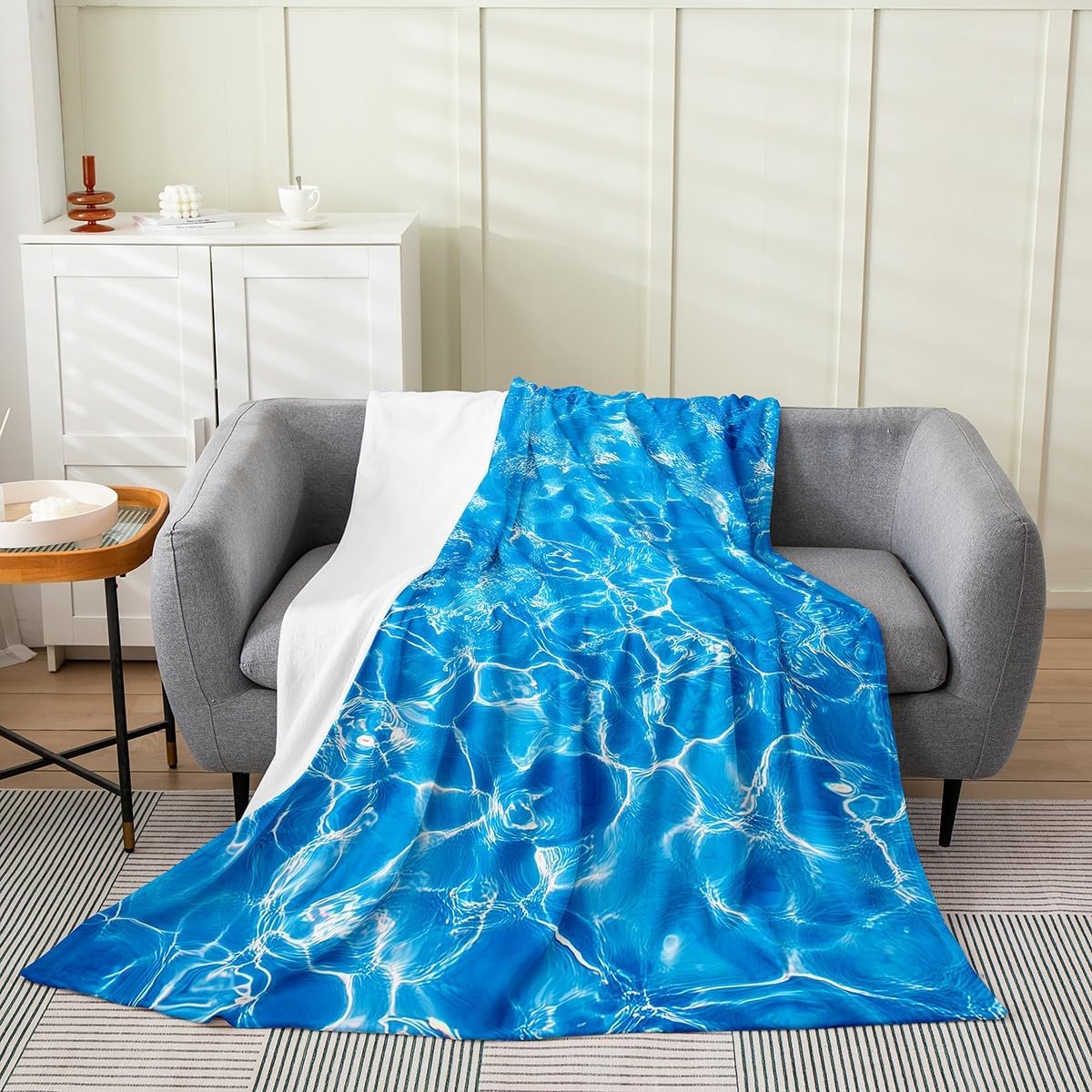 Swimming Pool Bed Blanket,Blue Water Ripple Abstract 3D Flannel Blanket for Room Decor,Summer Underwater Geometric Fleece Blanket for Sofa Dorm Decor,Throw 50"x60"
