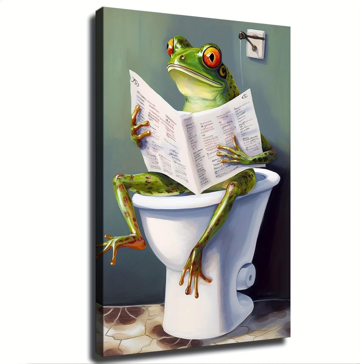 Funny Bathroom Hand Painted Happy Frog Reading Book Canvas Wall Prints poster Modern Home Aesthetic Decor Wall art for Bedroom Dorm (24x36inch Framed)