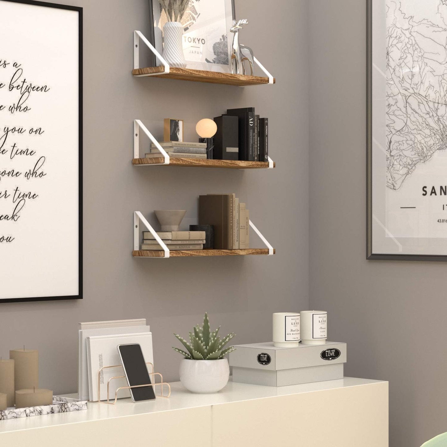 Wallniture Ponza Floating Shelves for Wall, Bathroom Shelf Wall Mounted, Set of 3, Burned Finish Wood Shelves with White Shelf Brackets