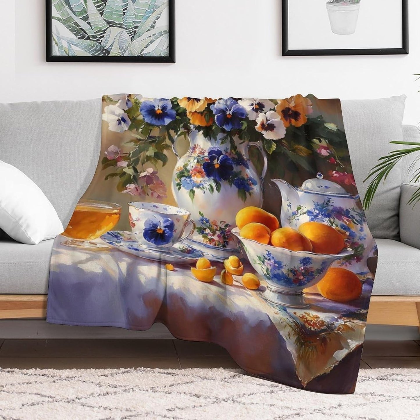 Blue Bouquet Porcelain Throw Blanket for Couch Bed Plush Cozy Fuzzy Flannel Blanket for All Season 66"x90"