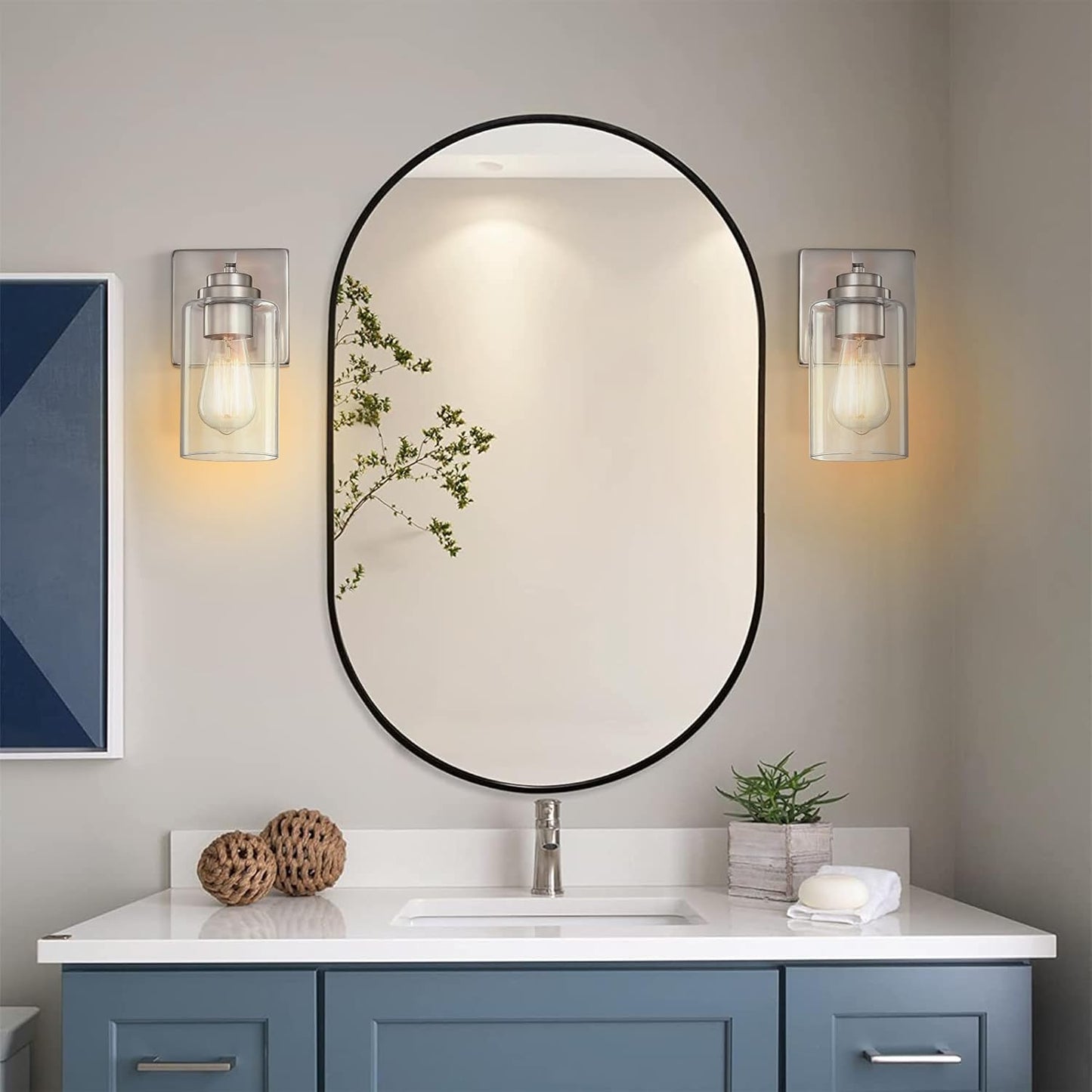Pia Ricco Wall Sconces Set of 2, Bedside Wall Lamp with Switch for Bedroom, Modern Bathroom Light Fixture with Clear Glass Shade, Brushed Nickel Sconces Wall Lights for Living Room, Hallway, Kitchen