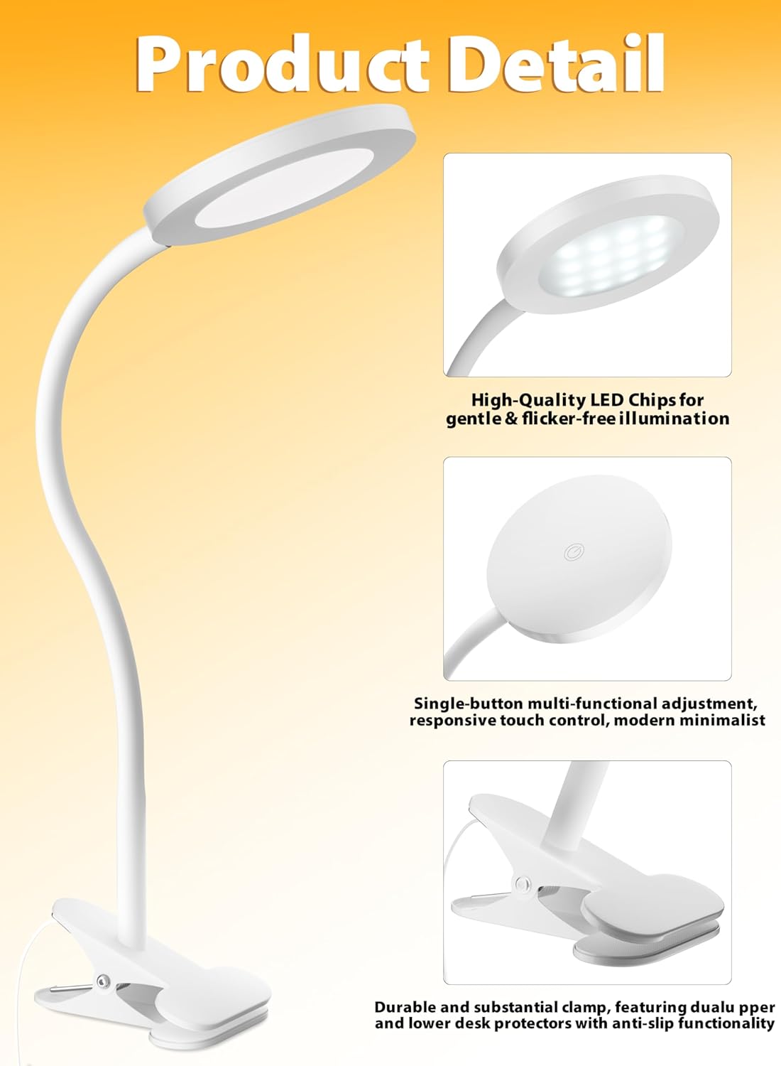 deeloop LED Clip on Light,100% Infinite Dimmable Reading Book Lights in Bed Headboard, 450LM Touch Control Desk Lamp with Clamp, Eye-Care 3 Color Temperature Flexible Rotation for Bedside Night Light