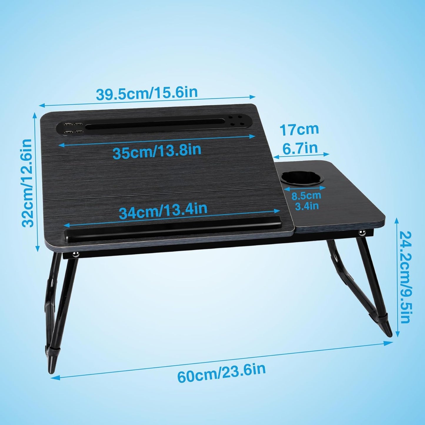 Laptop Bed Desk, Adjustable Lap Desk, Small Laptop Table with USB Charge Port, Desktop Card &Pen Slot, Cup Holder, Foldable Bed Tray Table for Couch Sofa Chair Floor Eating Working