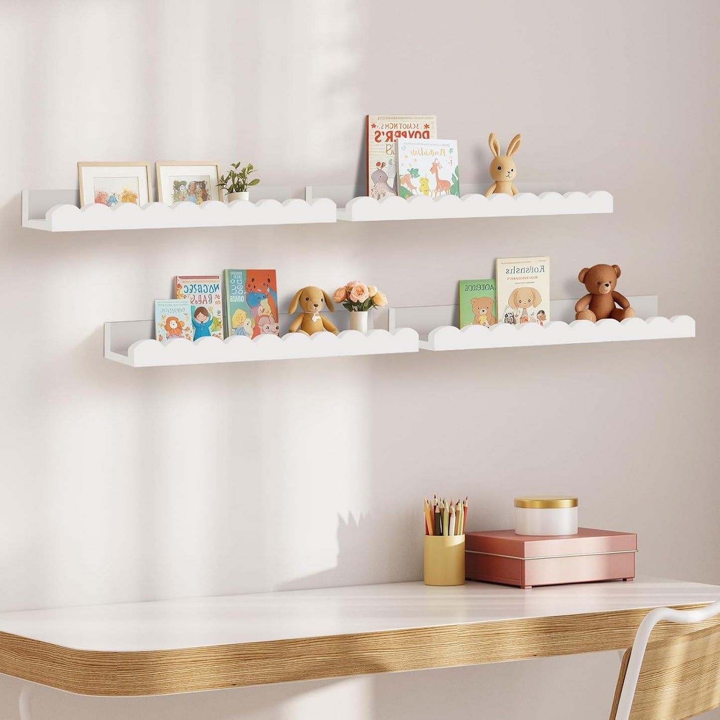 Yirilan 4-Pack Scalloped Shelves, Nursery Shelves for Wall, Floating Nursery Book Shelves for Kids, White