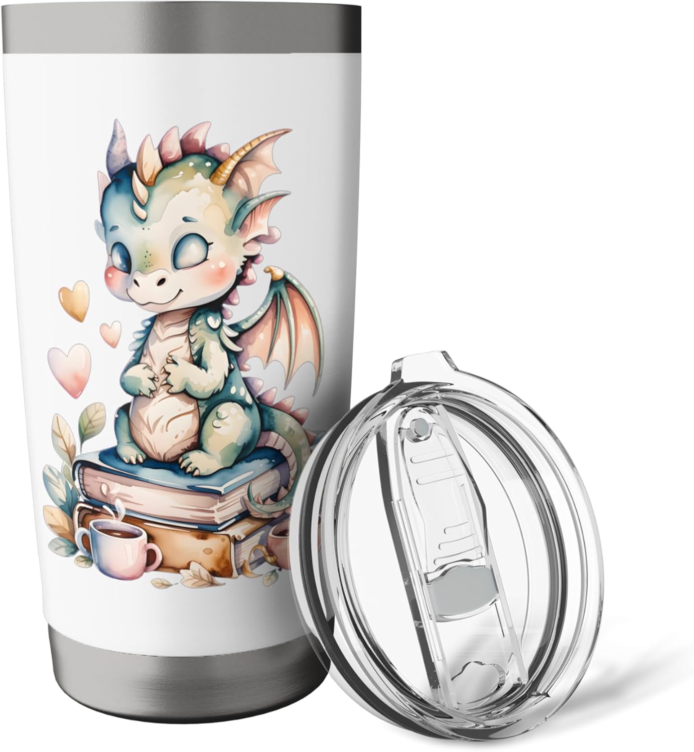 Cozy Green Baby Dragon Book Lover Pastel Fantasy Design Stainless Steel Insulated Tumbler