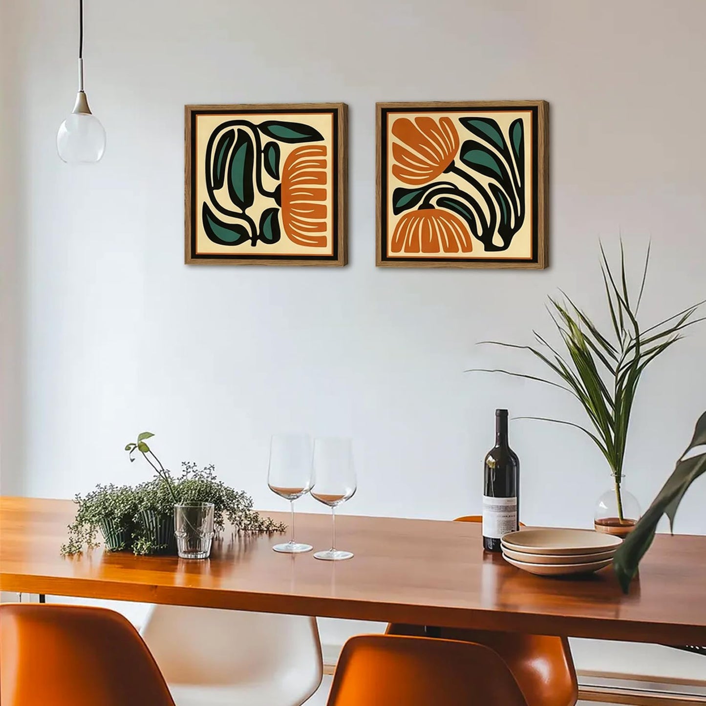 Mid Century Floral Wall Art Set of 2, Modern Square Abstract Botanical Wall Decor Picture, Vintage Boho Eclectic Plant Canvas Prints Paintings for Bedroom Living Room 16x16 inch Wood Framed