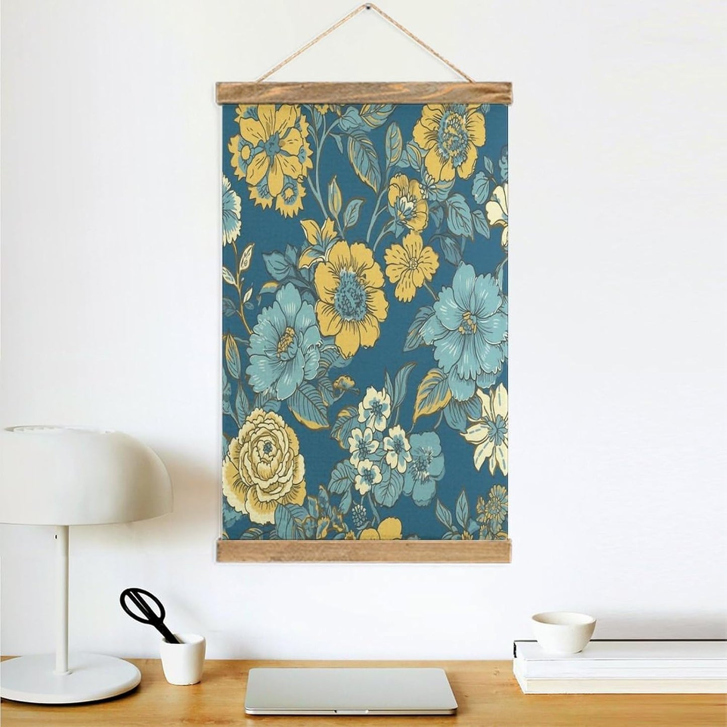 Vintage Blue And Yellow Flowers Poster with Wooden Frame Personalized Linen Hanging Scroll Painting Rustic Wall Hanging Illustrative Modern Artwork Decor for Home Living Room Bedroom Office