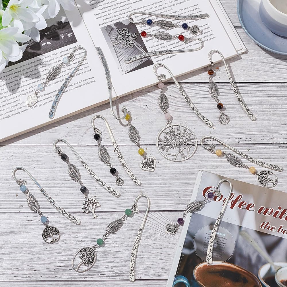 Tree of Life Bookmarks Metal Crystal 12pcs with Gemstone Beading Vintage Alloy Leaf Book Markers for Reading Book Lovers Teacher's Day Student Office Birthday