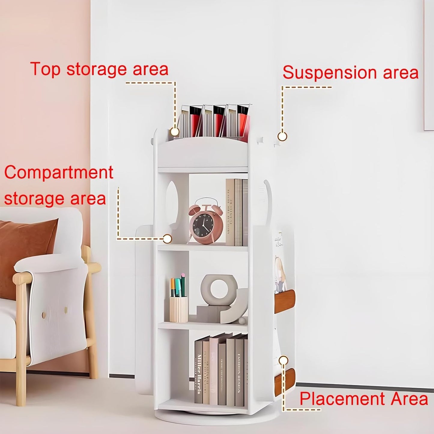 Rotating bookshelf,rotating bookshelf tower,spinning bookshelf,rotating book shelf,unique bookshelf,horizontal bookshelf,shelf,Suitable for living room, study, bedroom, office, balcony(Primary color,4