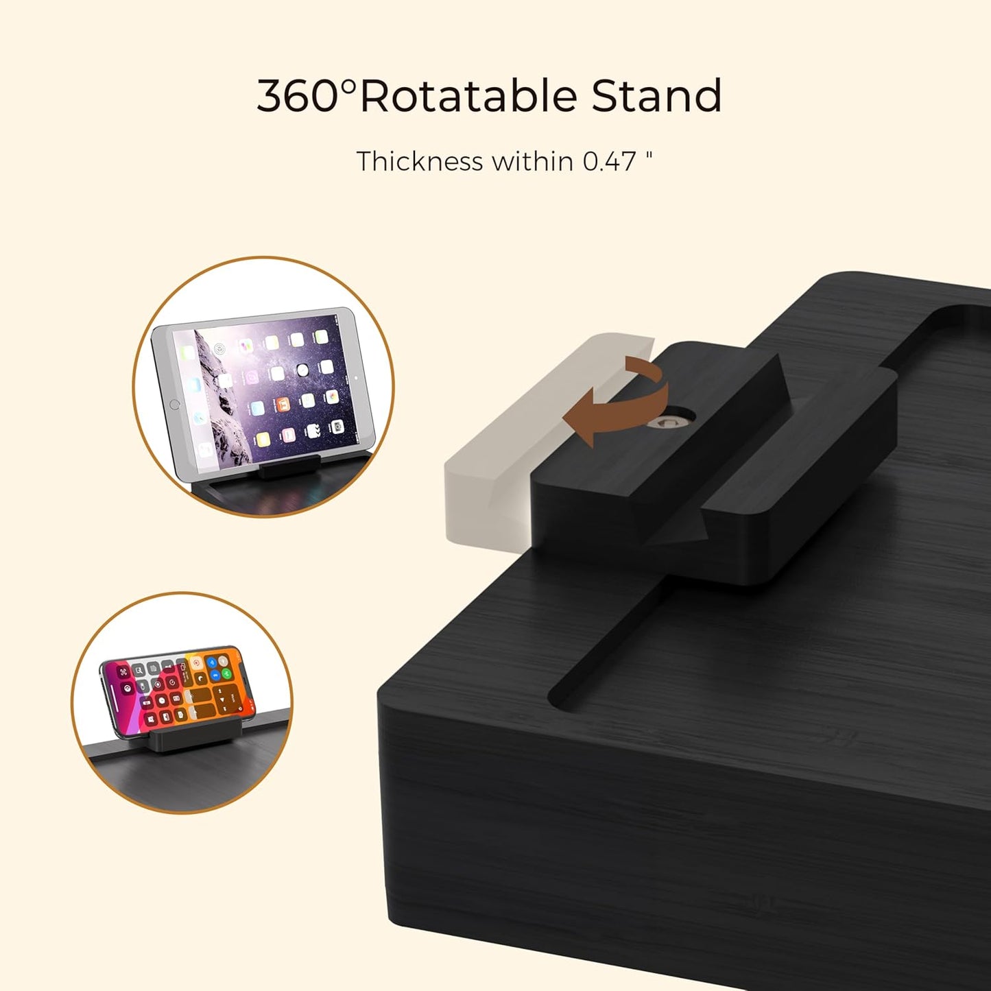 Wealone Black Couch Arm Tray for Wide Couch, Bamboo Sofa Arm Clip Table with Storage Box, Couch Armrest Tray with 360°Rotating Phone Holder, Sofa Arm Table Clip for Eating, Drinks or Dining