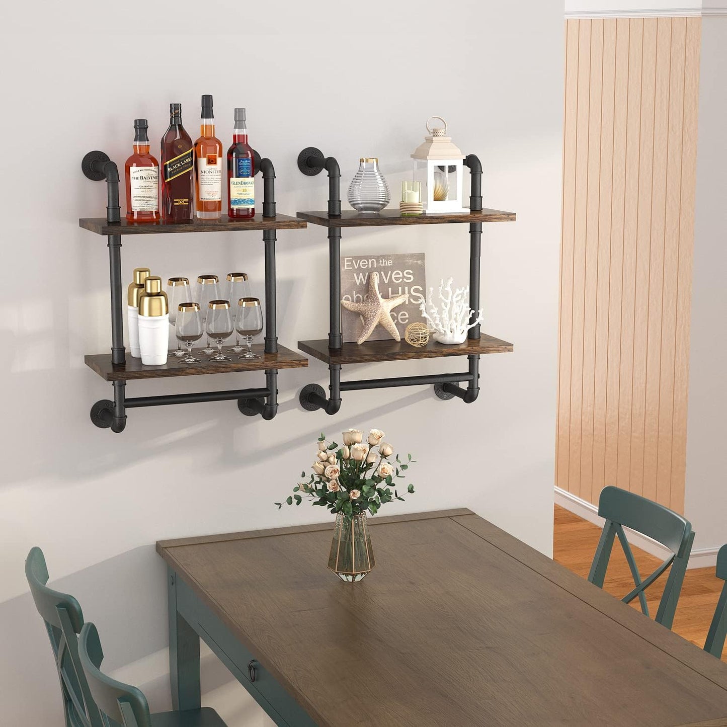 Helsin Industrial Pipe Floating Bathroom Shelves Wall Mounted with Towel bar, 2 Tier Rustic Wood Wall Shelf, 16inch Metal Towel Rack Storage Bookshelf for Bathroom, Kitchen, Farmhouse, Living Room | with Towel bar, Wall Shelf, Towel Rack, Storage Bookshel