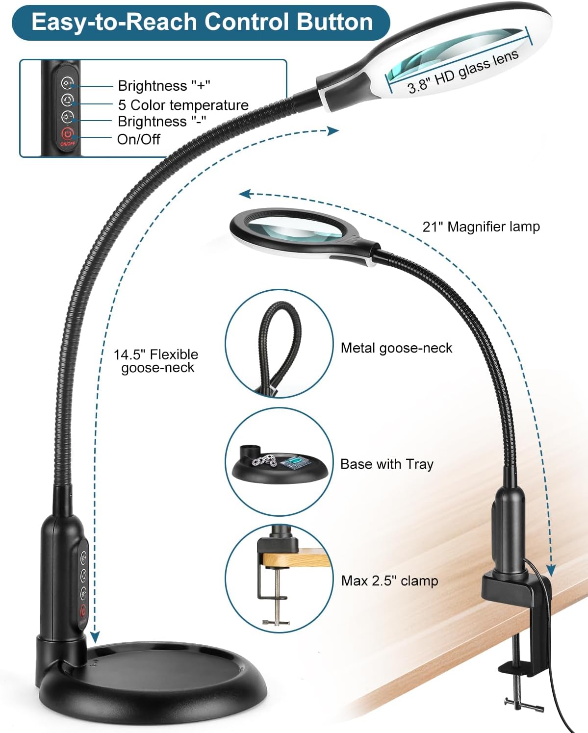 10X Magnifying Glass with Light and Stand, LED 5 Color Modes, Brightness Stepless Dimming Lighted Magnifier Hands Free with Flexible Goose-neck Desk Clamp Lamp for Close Works, Crafts, Hobby, Painting