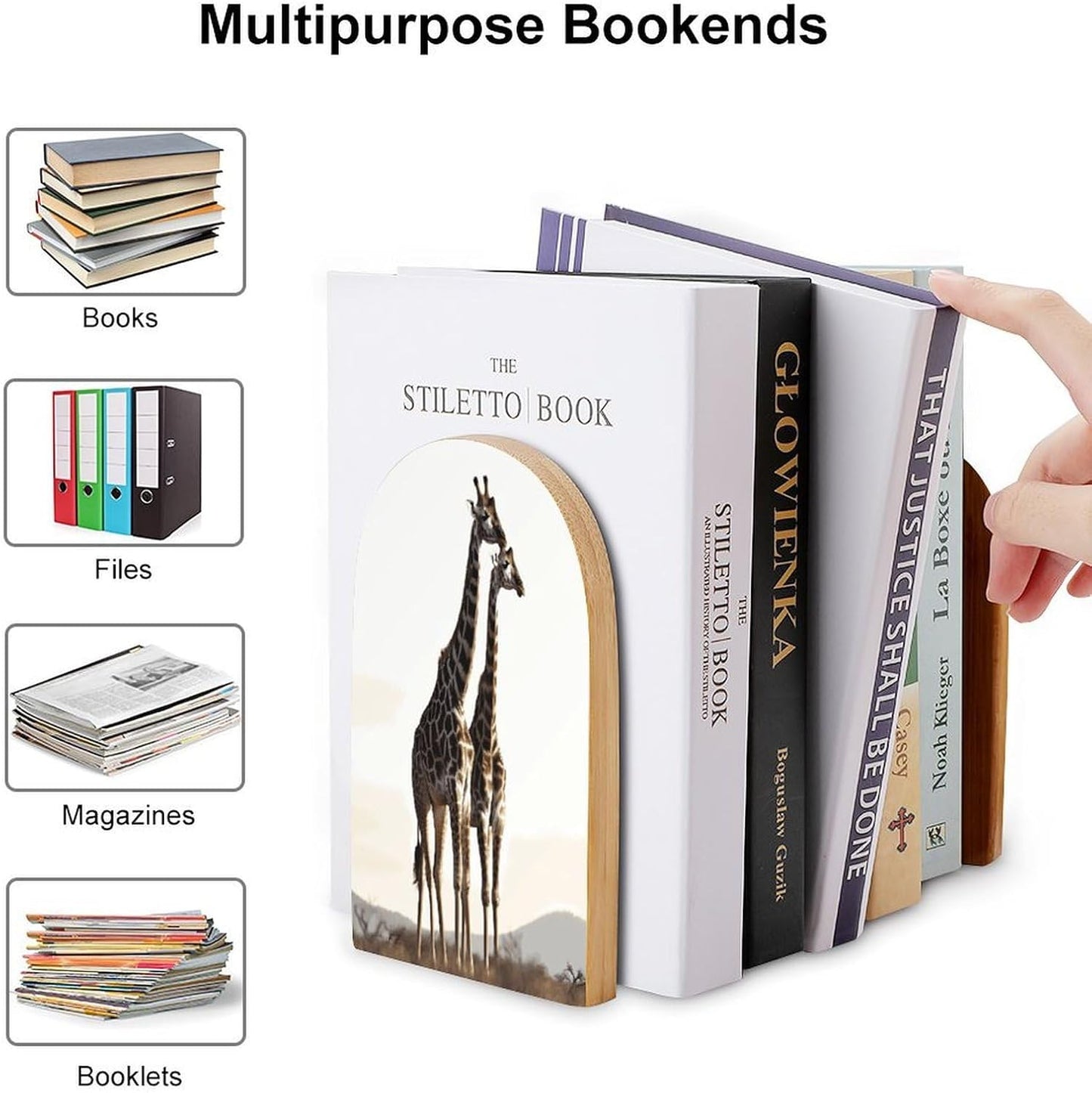Non-Slip Bookend for Shelves African Giraffe Wooden Bookends with Metal Base Decorative Book Stopper for Home Heavy Duty Wood Book Storage for Books/CDs