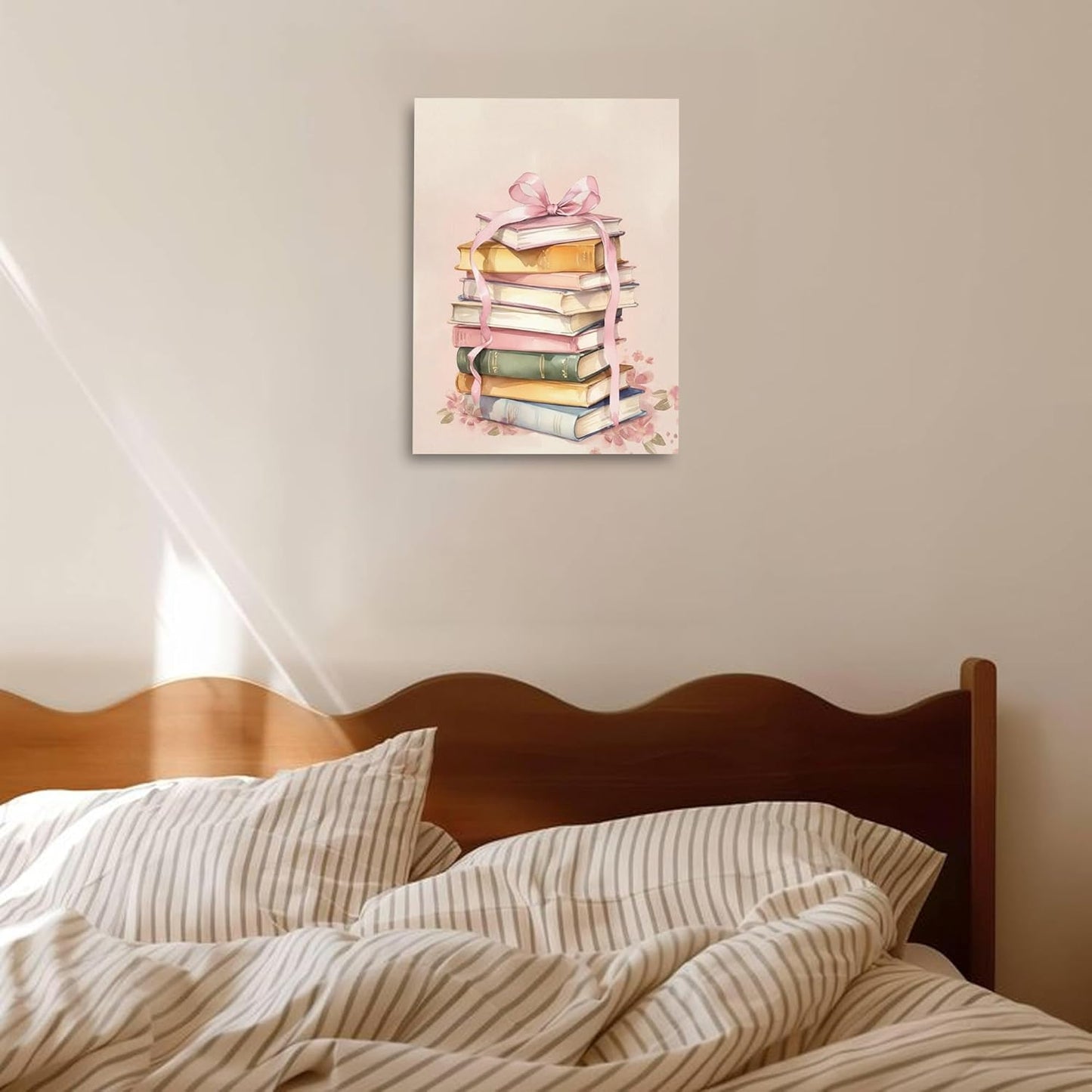 IWGDNJS Coquette Pink Bow Book Wall Art Decor, Reading Corner Nook Room Decor, Preppy Floral Bookish Canvas Wall Art Prints for Library Classroom Home Girls Bedroom, 11x14 Inch