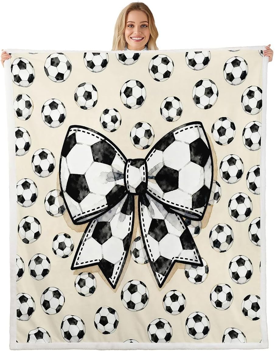 Feelyou Cartoon Football Bow Sherpa Throw Blanket for Couch Cute Bowknot Super Soft Cozy Fleece Soccer Sports Blanket for Winter, Plush Throw Baby 30"x40" All Season