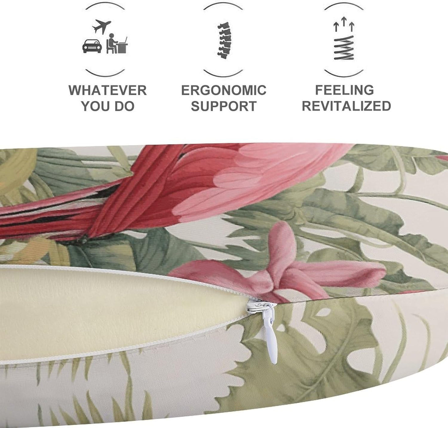Flamingo and Leaves Neck Pillow Memory Foam U Shaped Pillows Portable Pillows for Shoulder Travel Head Support Pillow with Concealed Zipper for Airplane Car Home Office