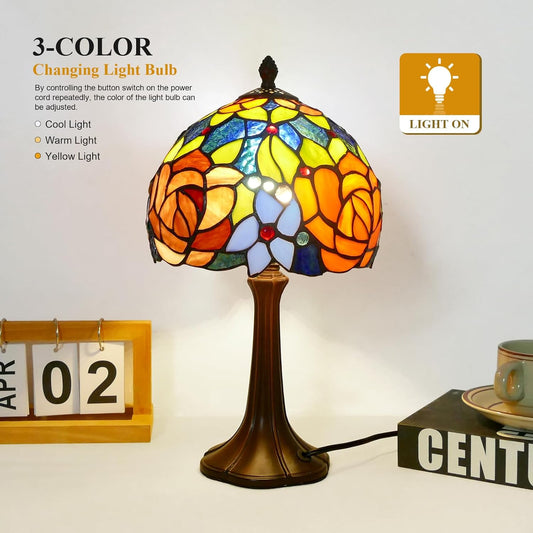 Tiffany Table Lamp Romantic Double-Color Roses Handmade Stained Glass Desk Lamps 8" Wide 15" Tall Vintage Reading Lamp for Office, Living Room, Bedroom, LED Bulb Included