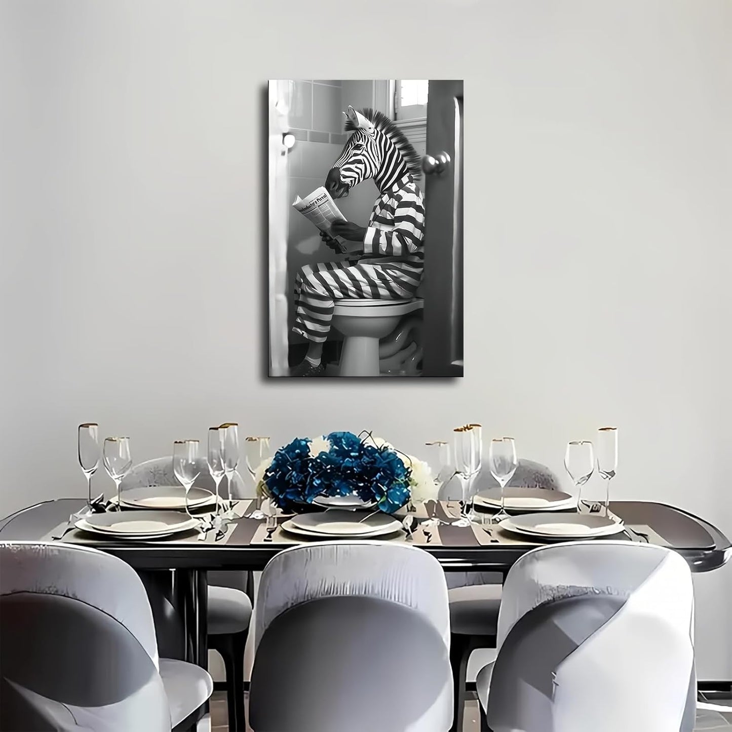 Black And White Wall Art Zebra Reading Newspaper In The Toilet Comical Canvas Wall Prints poster Modern Home Aesthetic Decor Wall art for Bedroom Dorm (Framed 08x12inch)