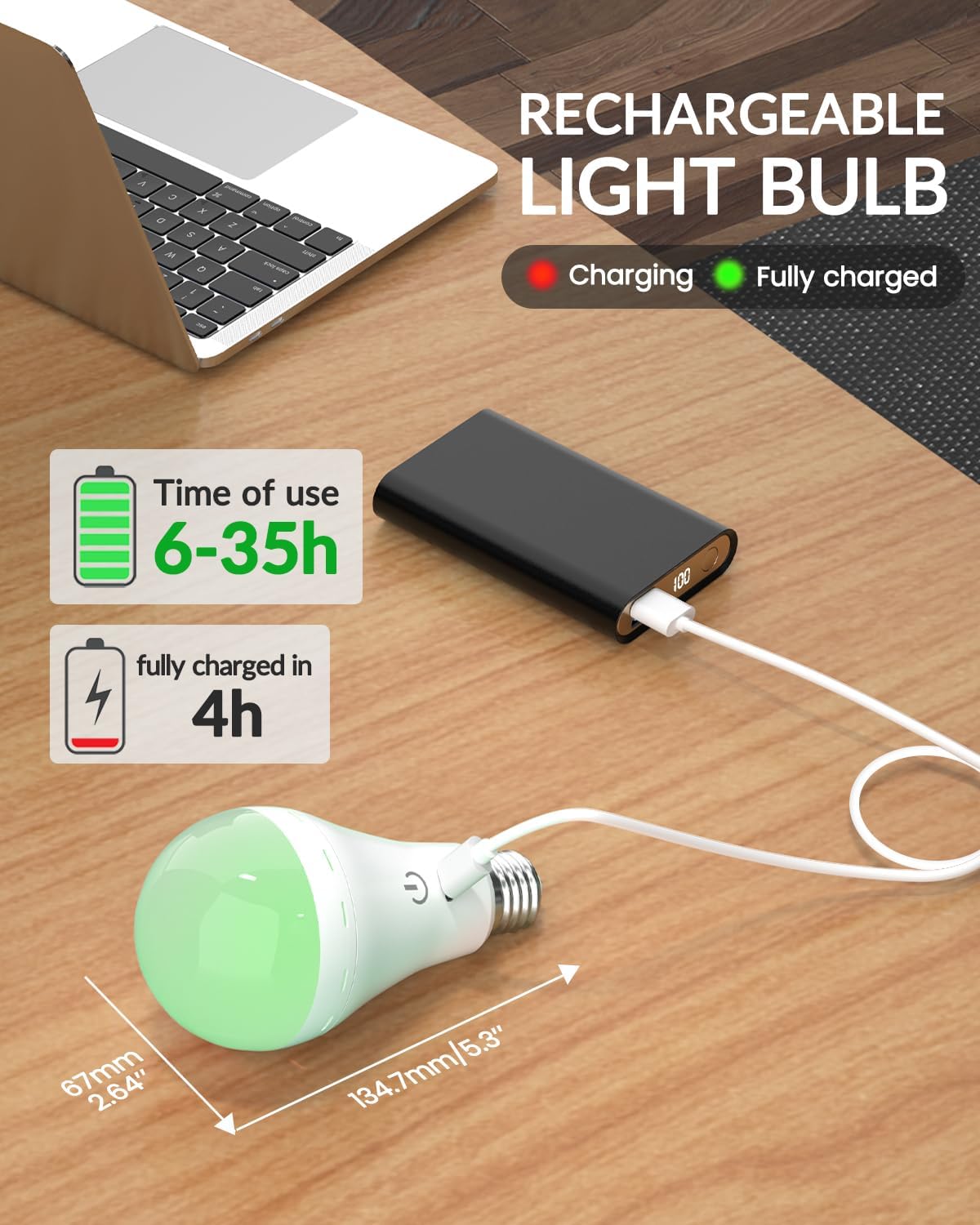 E26 Rechargeable Led Light Bulbs with Remote, 3 Colors Dimmable E26 Battery Operated Light Bulb with Timer, Emergency Rechargeable Light Bulbs, Up to 35 Hours, 2 Packs