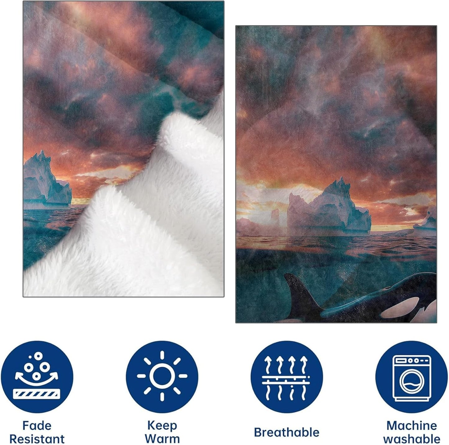 Orca Ocean Flannel Throw Blanket 50x60 Inch, Realistic Killer Whale Underwater with Iceberg and Sunset Sky Blankets Soft Cozy Fleece Throws for Marine Lover Bed Sofa Living Room Decor Gifts
