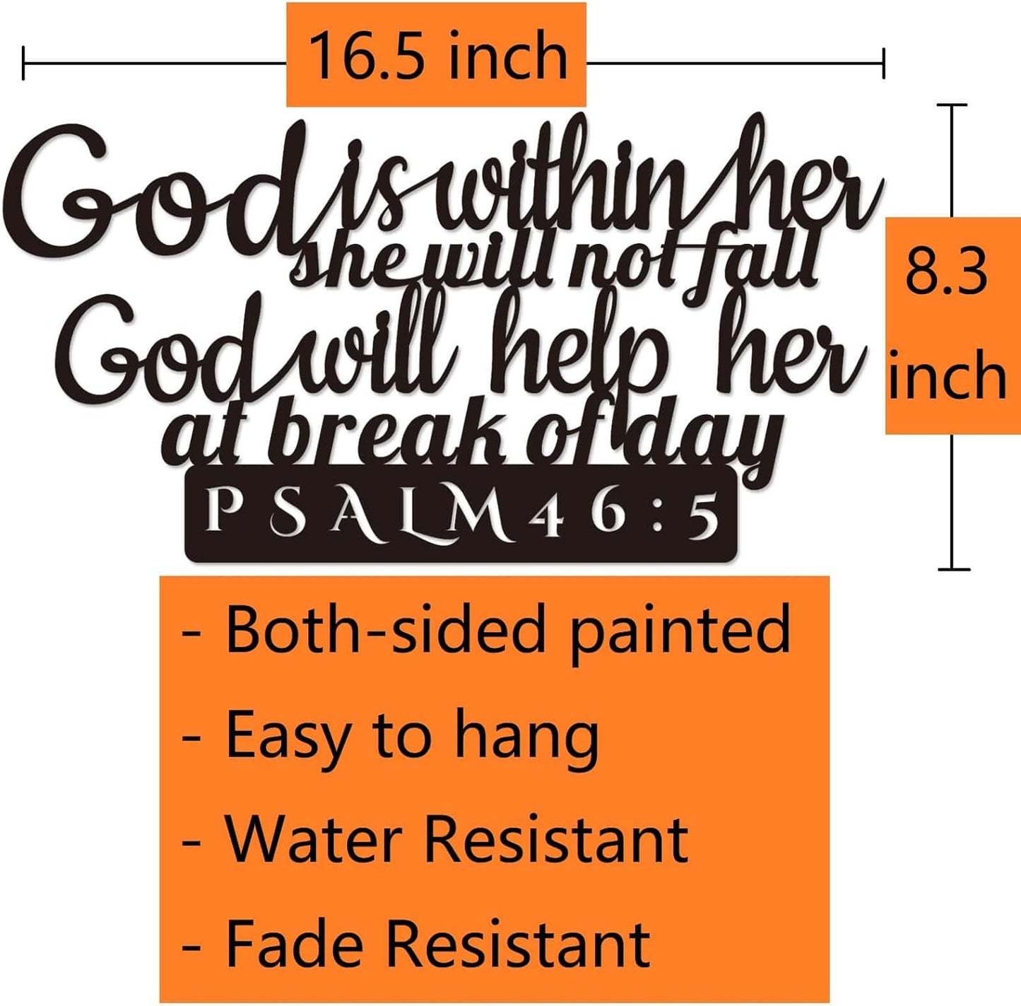 Psalm 46:5 Inspirational Scripture Metal Wall Sign - 16.5"X8.3" Inch Steel Bible Verse Wall Art Hangings and Holy Biblical Decor (Black)