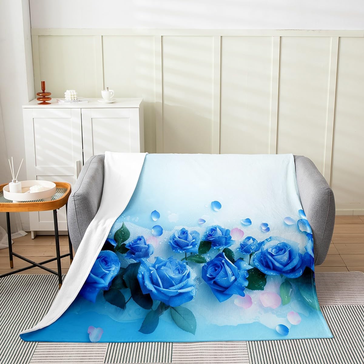 Erosebridal Blue Rose Blanket Throw 50x60, 3D Flower Petals Microfiber Throw Blanket, Florals Leaves Printed Kids Teens Fleece Blanket for Sofa Bed, Blue Green Blossom All Seasons Fuzzy Blanket