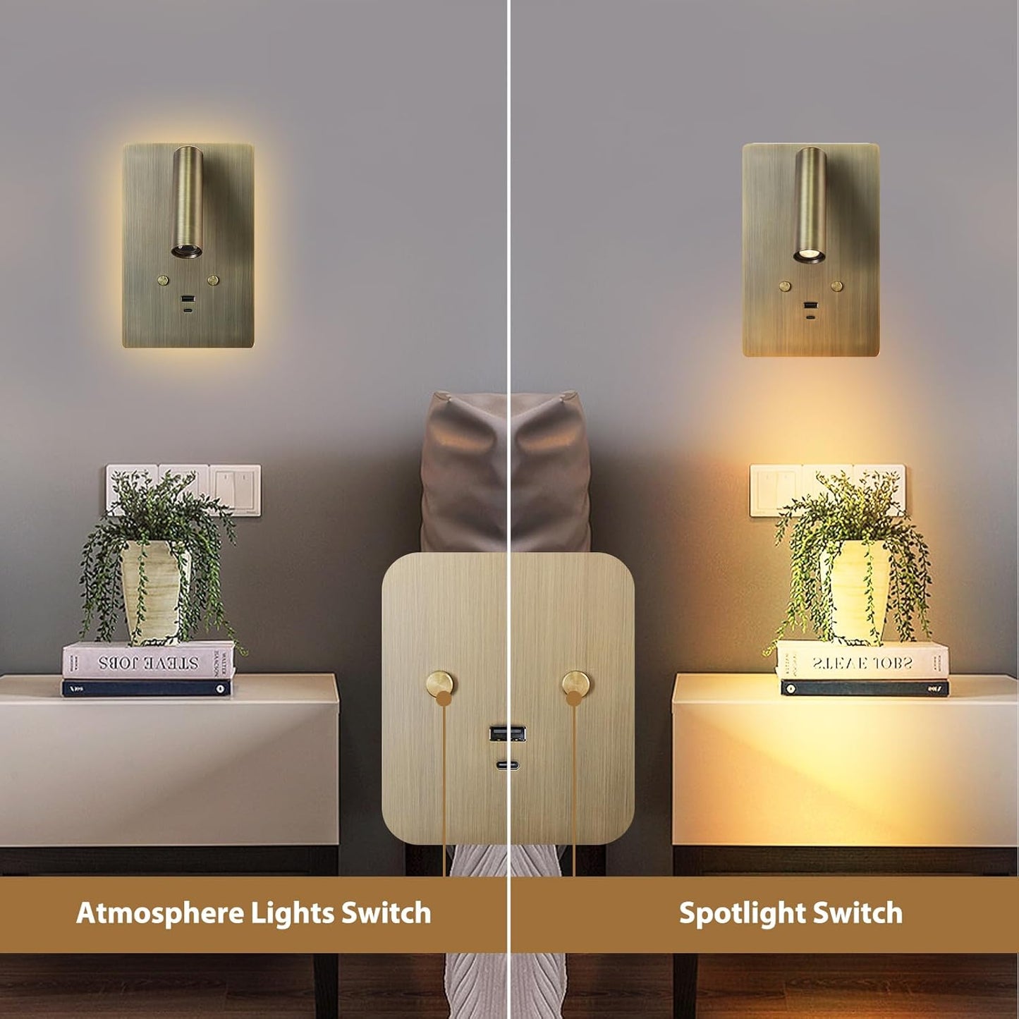 ZEROUNO Wall Mounted Reading Light Set of 2,Dimmable Adjustable Headboard Plug in Wall Sconce with USB A+C Ports,Touch Control Wall Light for Bedroom Bedside Lamps