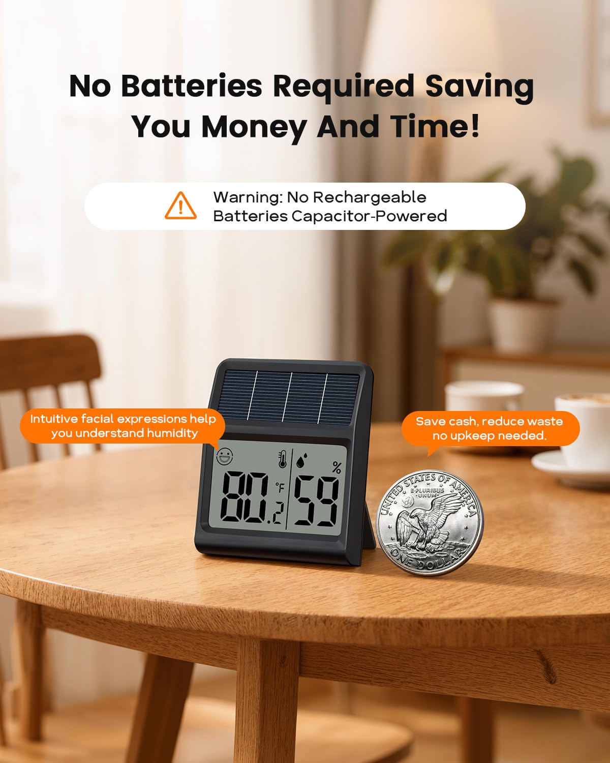 Digital Indoor Thermometer & Hygrometer, Light Powered (No Rechargeable Batteries Runs Only on Real-time Light Exposure) Solar Indoor Temperature and Humidity Monitor, Humidity Gauge