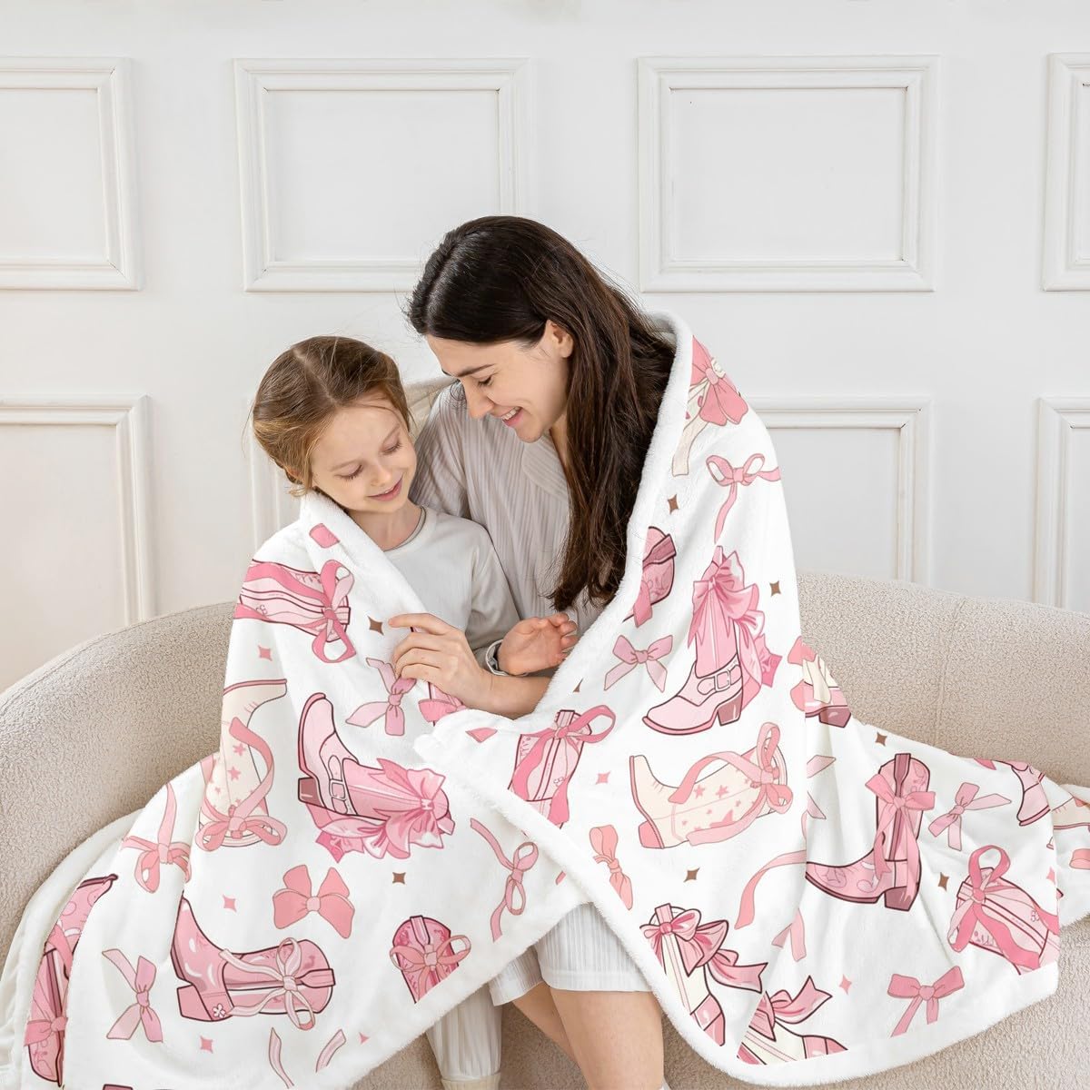 Cowgirl Throw Blanket,Western Cowboy Boots Pink Bowknots Fleece Blanket for Bedroom Dreamy Fairy Tale Princess Starry Pink White Soft Blanket for All Seasons,Baby (30 x 40 Inches)