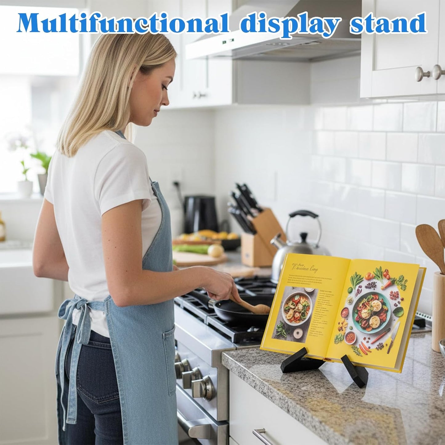 Cookbook Stand for Kitchen Counter, Wooden Recipe Book Holder Under Cabinet Cookbook Holder for Kitchen Counter Decor, Rustic Cook Books Holders Stand Multifunctional Display