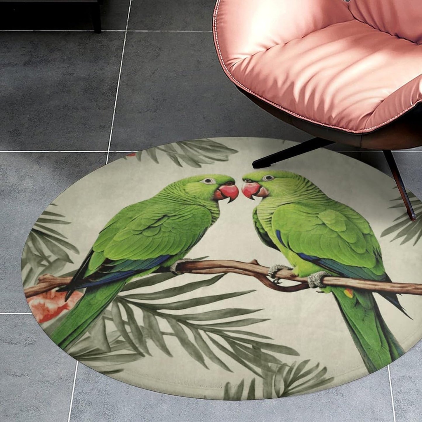 Couple Parrots Olive Circle Rug Retro Luxury Coral Velvet Floor Mat Non Slip Soft Indoor Floor Carpet Comfy Thickened Area Rugs Modern Aesthetic Minimalist Carpets for Home Decor