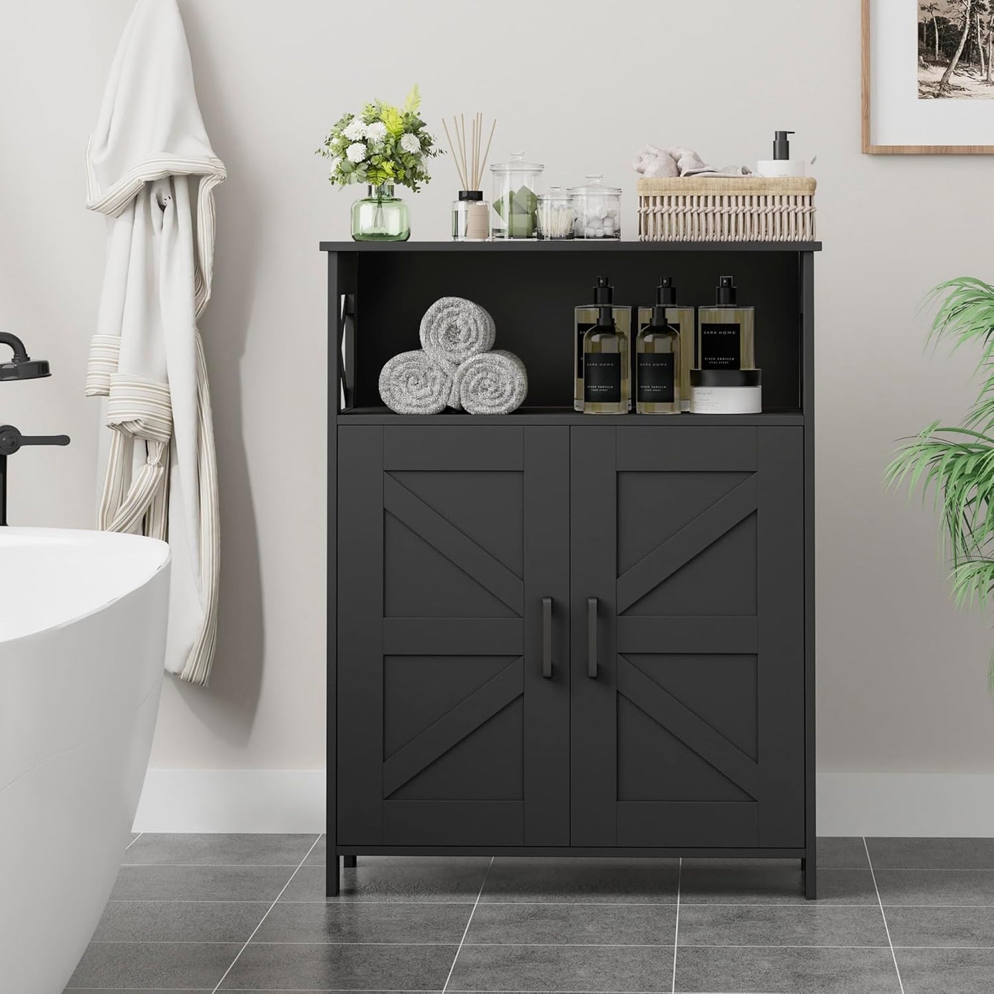 Homhedy Farmhouse Bathroom Storage Cabinet with 2 Doors, Toilet Paper Cabinet with Adjustable Shelves, Small Bathroom Cabinet for Kitchen/Laundry/Living Room, 11.8 x 23.6 x 31.5 Inches, Black
