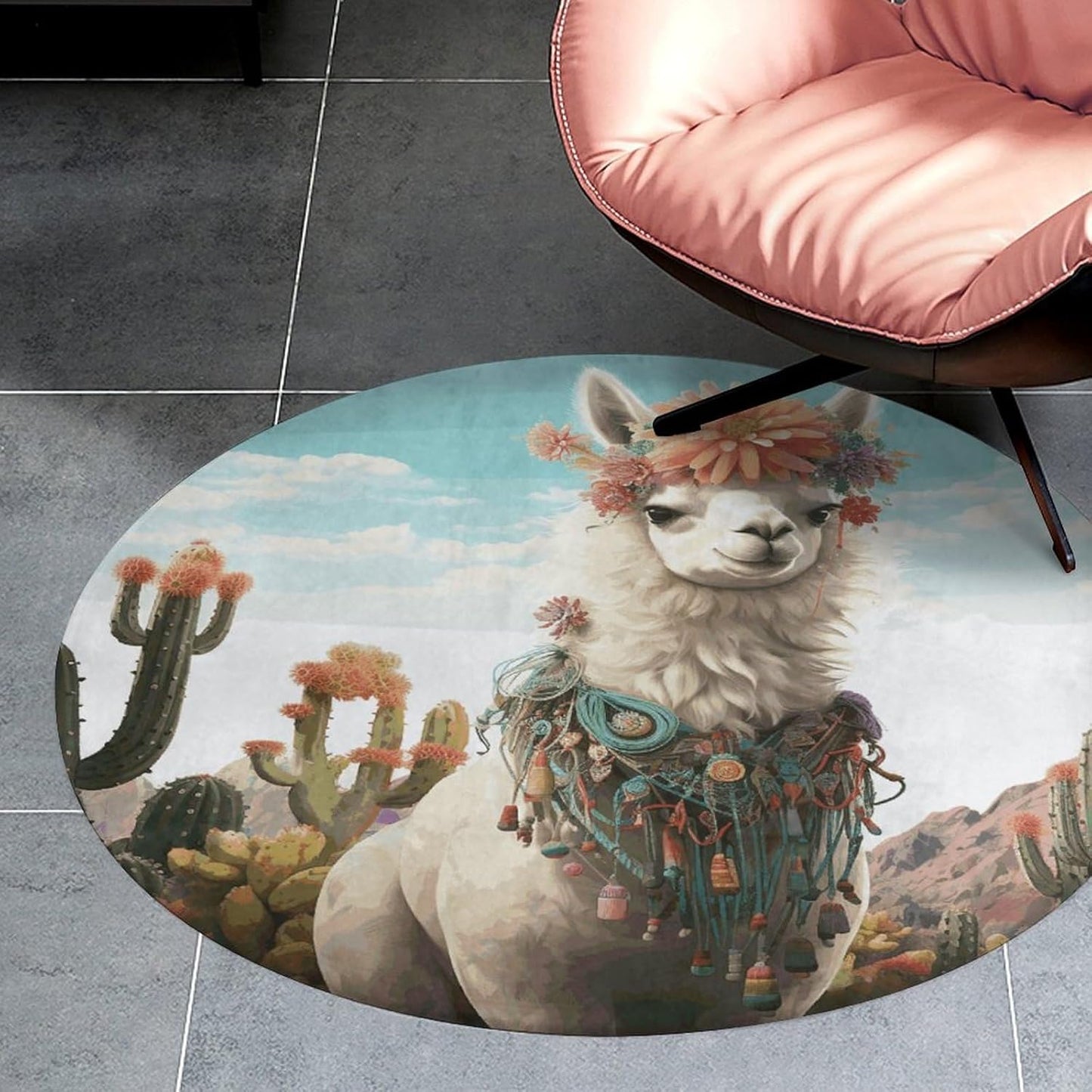 Mexican Llama Cactus Circle Rug Retro Luxury Coral Velvet Floor Mat Non Slip Soft Indoor Floor Carpet Comfy Thickened Area Rugs Modern Aesthetic Minimalist Carpets for Home Decor