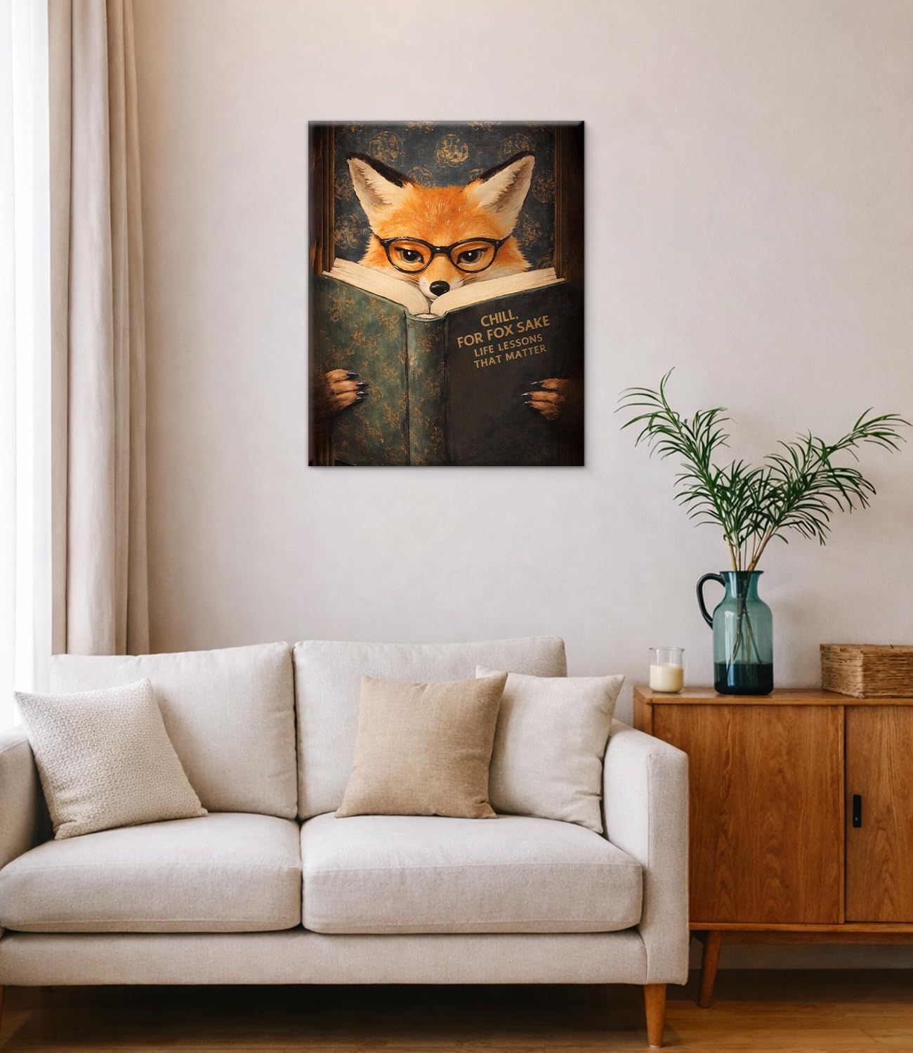 Vintage Fox Reading Wall Art Print - Whimsical Bookish Fox Canvas Poster Painting - Animal Wall Decor for Home Reading Room Study 8x10 Inch Framed