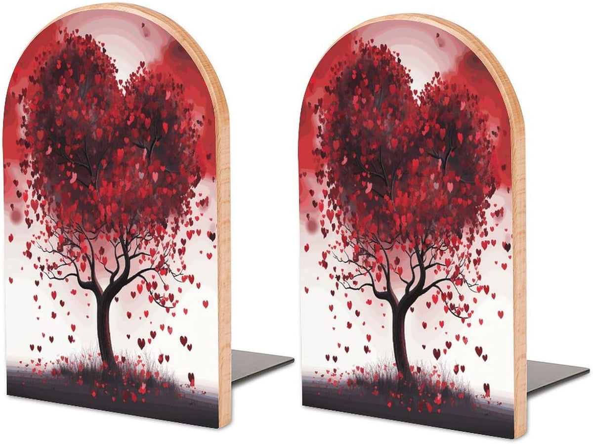 Red Love Heart Tree Wooden Bookend Non-Slip Book Ends Heavy Duty Book Stopper with Metal Base Books Holderd Decorative Bookends Stands Firmly for Office Supplies
