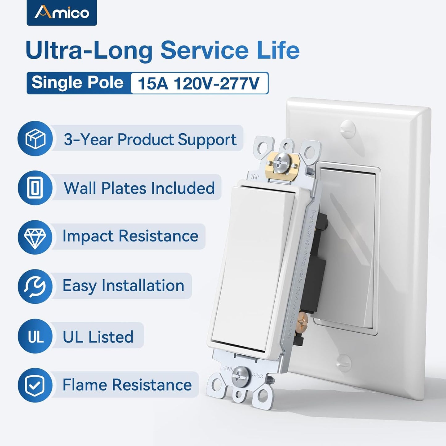 Amico 30 Pack Single Pole Light Switch with Wall Plate, UL Listed, 15A 120/277V, On/Off Rocker Paddle Interrupter Wall Switch, Grounding Screw, Residential Grade, Suitable for Home and Business, White