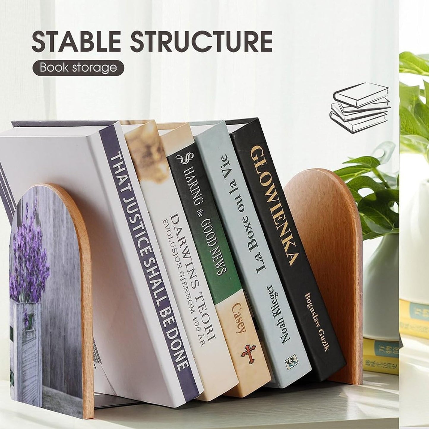 Purple Lavender Flower Wooden Bookend Non-Slip Book Ends Heavy Duty Book Stopper with Metal Base Books Holderd Decorative Bookends Stands Firmly for Office Supplies