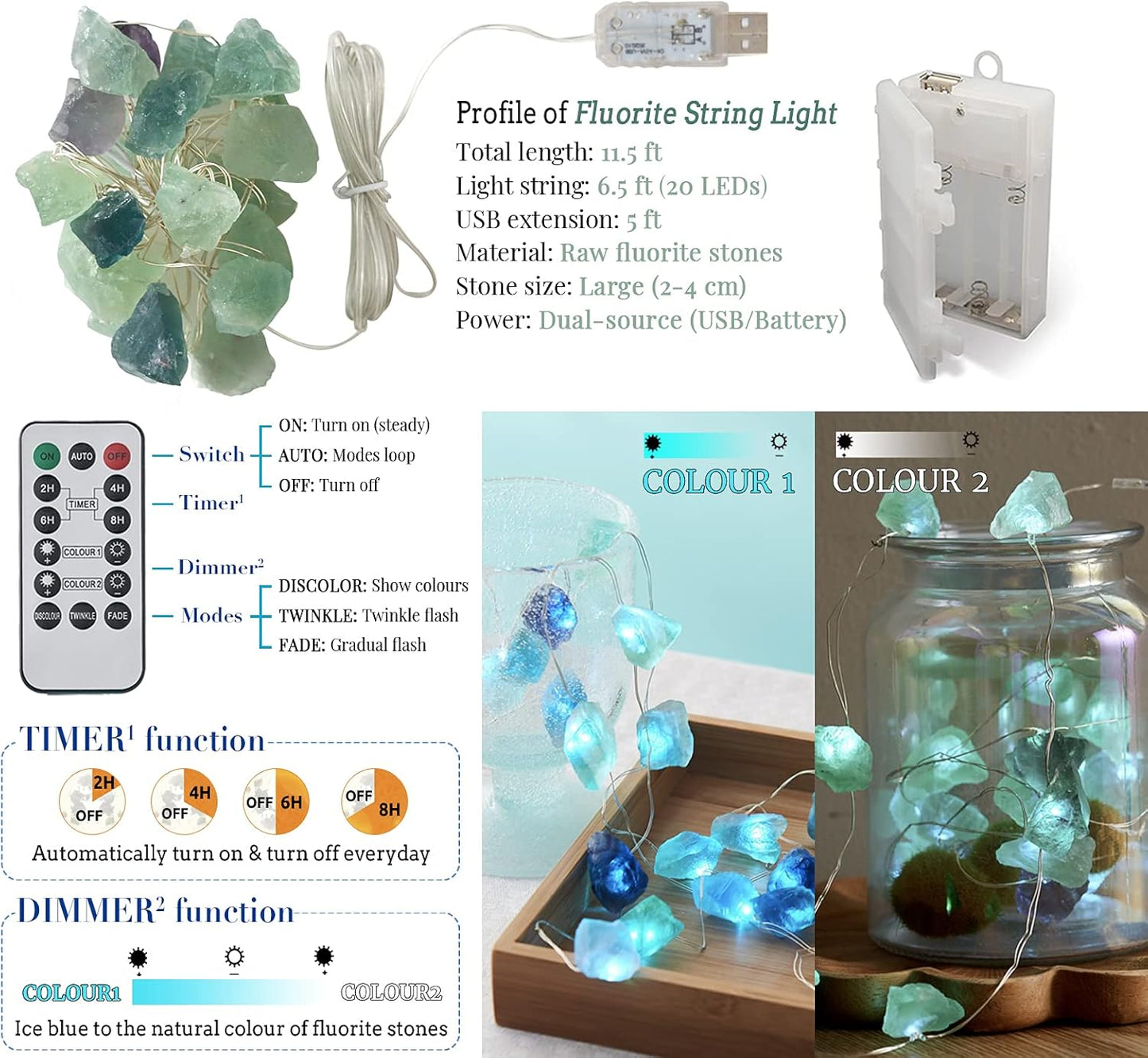 Natural Fluorite LED String Lights for Bedroom 6.5 FT USB/Battery Operated Blue Fairy Lights Sea Glass Crystal Decor Perfect Decorative Light for Bedroom Sea Glass Christmas Tree Kit