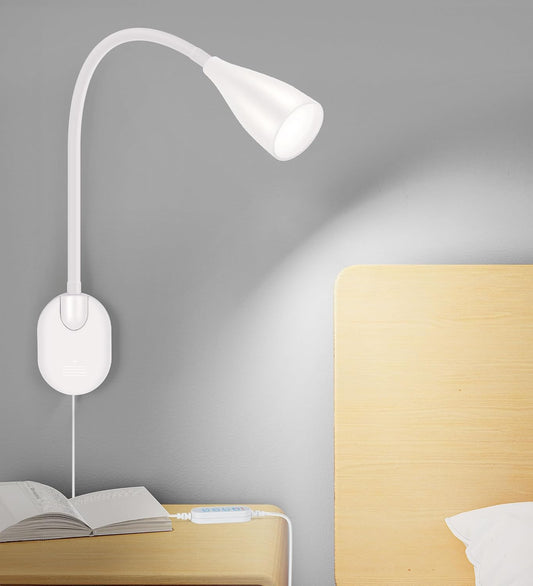 Wall-Mounted LED Bedside Reading Light with USB Charging Port, 10-Level Dimmable & Adjustable 5 Color, Plug-in Adhesive Night Lamp for Books in Bed, Eye-Caring Bedroom Lighting (White 2 Pack)