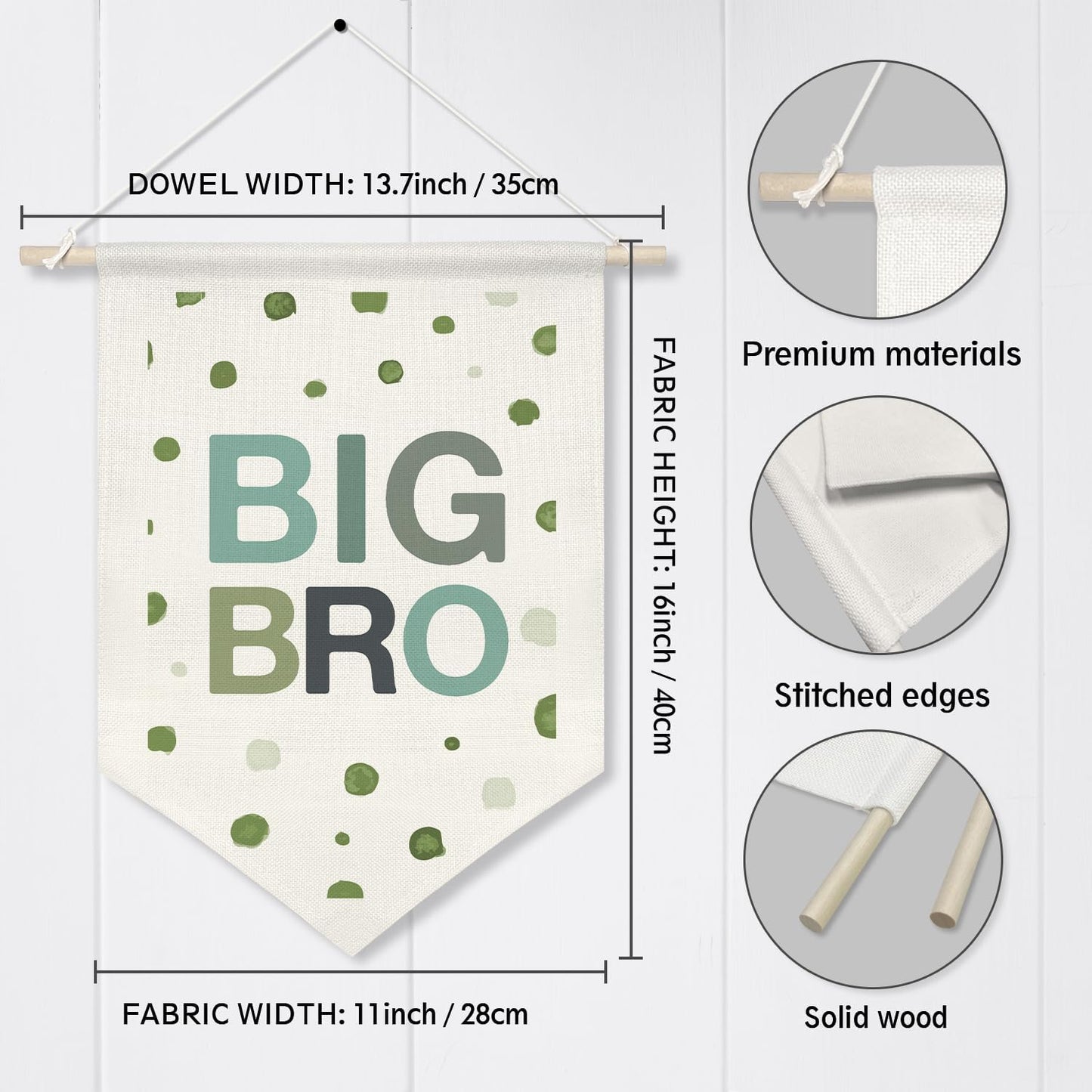 BIG BRO Wall Hanging Banner,Green Polka Dot Canvas Sign for Big Brother Room Decor, Sibling Announcement Gift, Nursery Playroom Wall Art Poster, Baby Shower Decor(KD17)